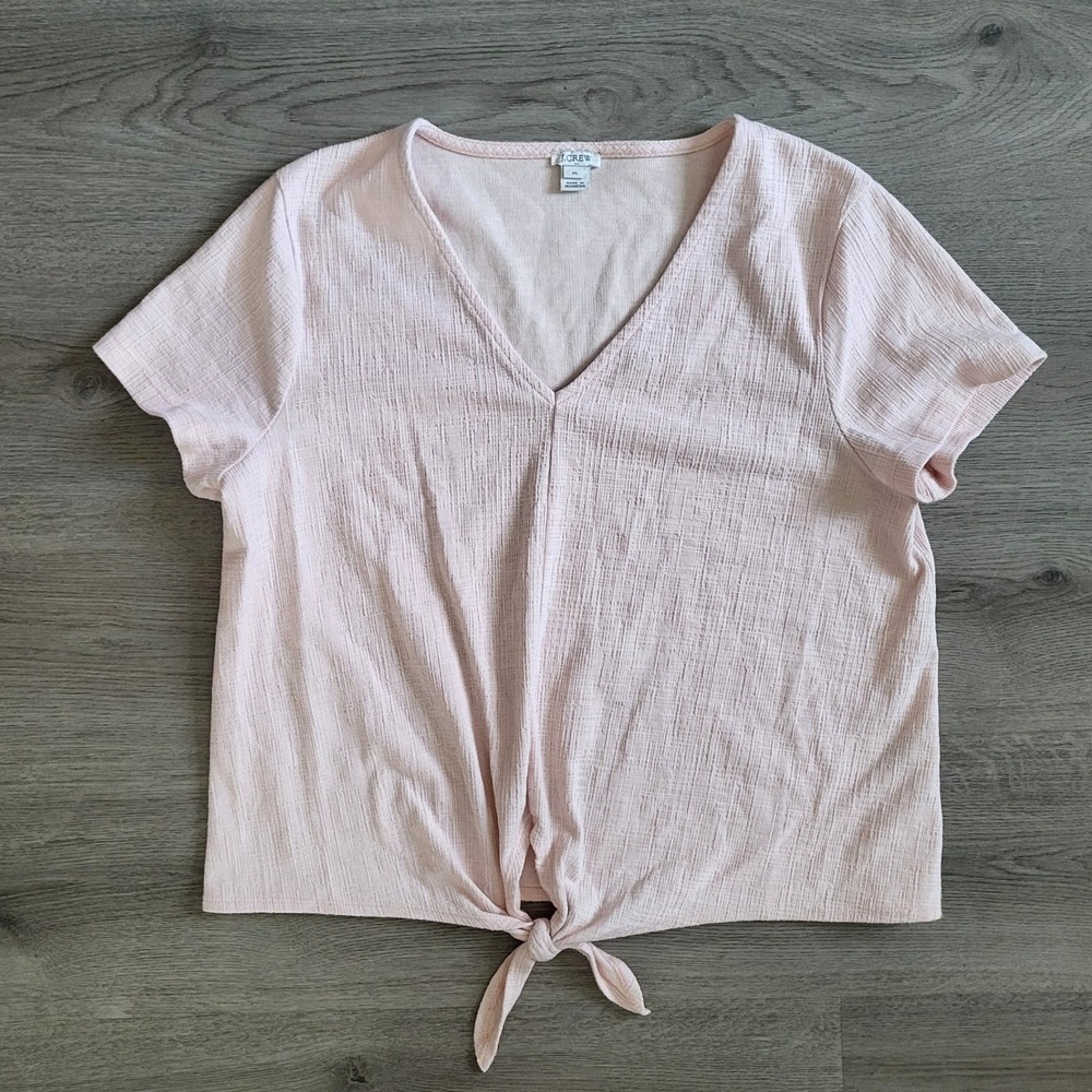 J.Crew Pink Blush Pastel Textured Slub V-Neck Tie Front Short Sleeve Top XL